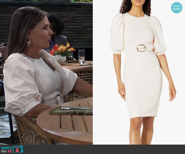 Calvin Klein Balloon-Sleeve Belted Sheath Dress worn by Lucy Coe (Lynn Herring) on General Hospital