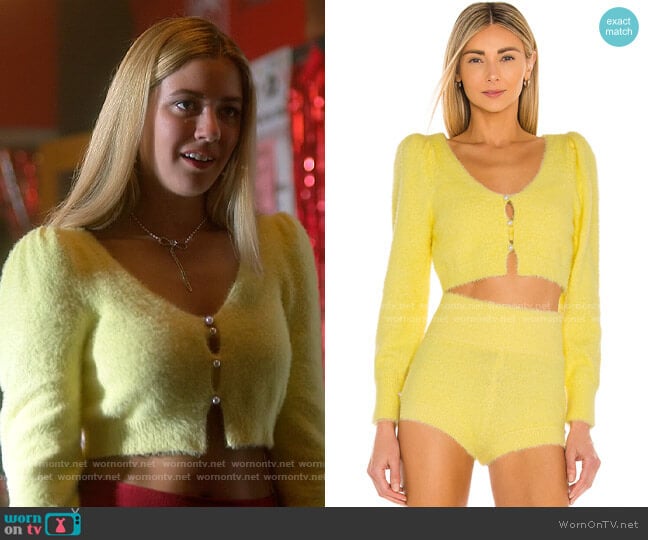 Camila Coelho Genevieve Pearl Cardigan worn by Karen Beasley (Mallory Bechtel) on Pretty Little Liars Original Sin