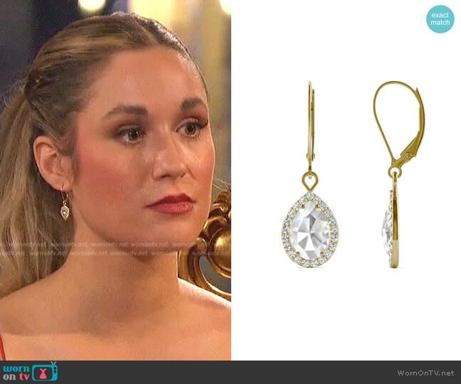 Charles & Colvard 2.02 CTW DEW Pear Forever One Moissanite Halo Drop Earrings worn by Rachel Recchia on The Bachelorette