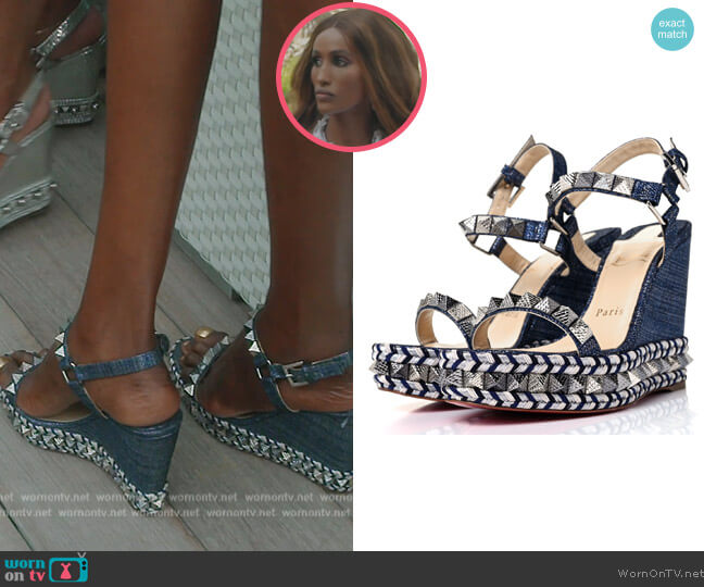 Christian Louboutin Lame Lux Pyraclou 110 Wedge Sandals 36 Denim worn by Chanel Ayan (Chanel Ayan) on The Real Housewives of Dubai