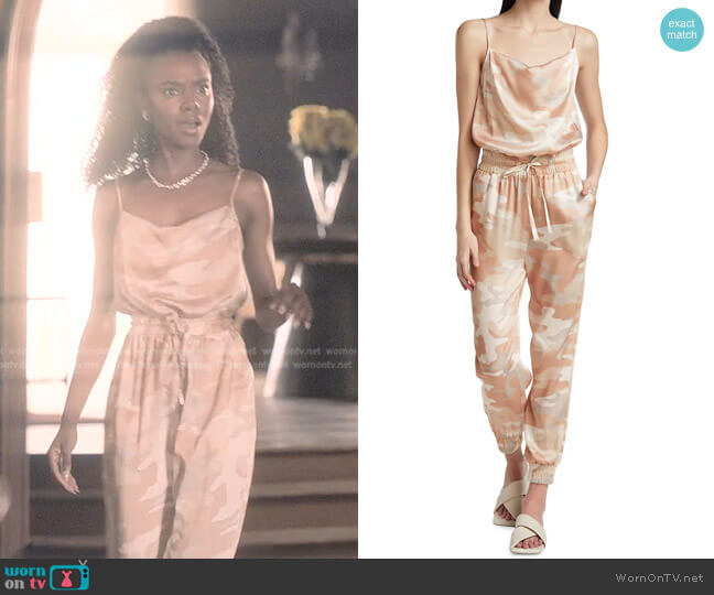 Cinq a Sept Finnley Camouflage Satin Jumpsuit worn by Zenzi Fullington (Ashleigh Murray) on Tom Swift