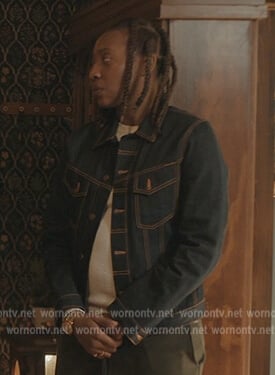 Dre’s denim jacket with contrast stitch on The Chi