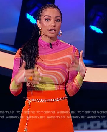 Corinne’s rainbow marble print mesh top on Beat Shazam