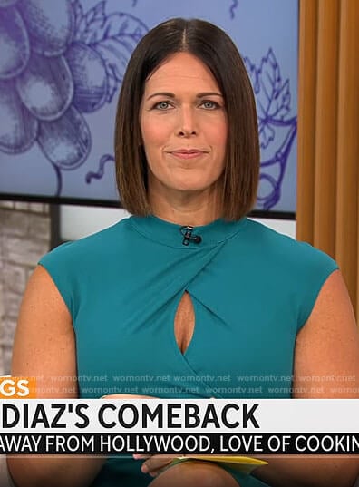 Dana Jacobson’s teal green keyhole dress on CBS Mornings