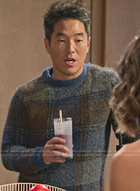 Dave’s blue plaid sweater on Maggie