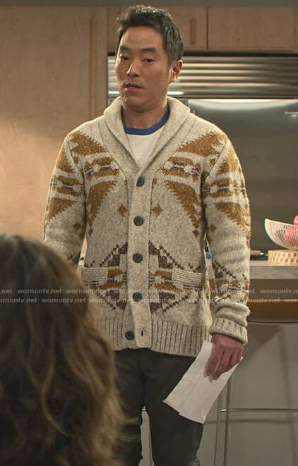 Dave’s printed cardigan on Maggie