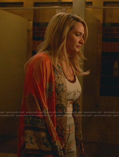 Davia’s print tank and red floral kimono on Good Trouble