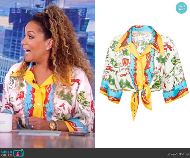 Dolce & Gaggana Capri Knotted Silk Twill Crop Shirt worn by Sunny Hostin on The View