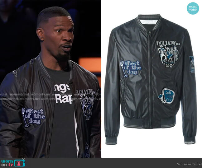 Dolce and Gabbana Musical Patch Bomber Jacket worn by Jamie Foxx on Beat Shazam