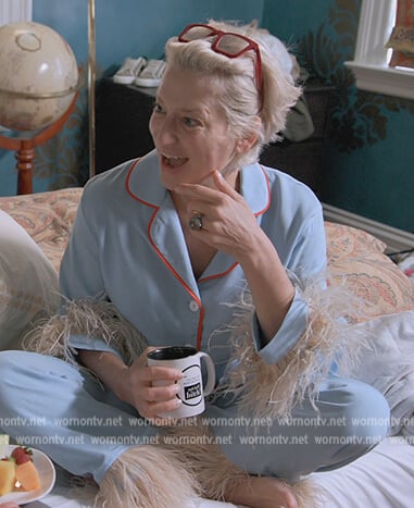 Dorinda’s blue feather trim pajamas on The Real Housewives Ultimate Girls Trip