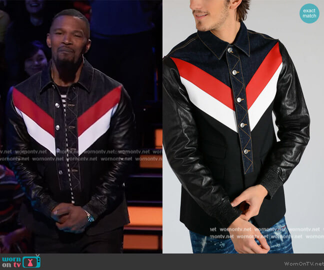 Dsquared2 Denim Jacket with Leather Sleeves worn by Jamie Foxx on Beat Shazam