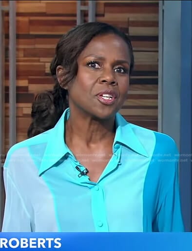 Deborah’s blue colorblock blouse and metallic pencil skirt on Good Morning America