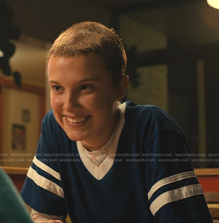 El’s navy contrast stripe v-neck tee on Stranger Things