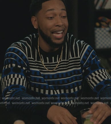 Emmett’s blue fair isle print sweater on The Chi