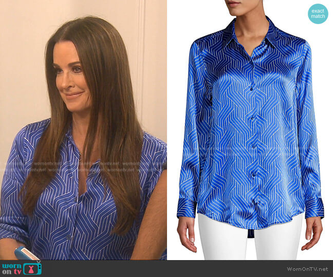 Equipment Essential Geometric-Print Silk Shirt worn by Kyle Richards on The Real Housewives of Beverly Hills