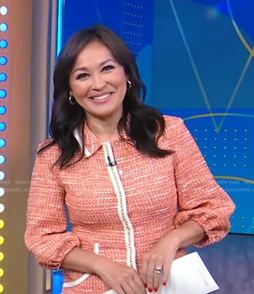 Eva’s orange contrast trim tweed dress on Good Morning America