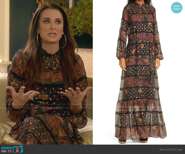 Farm Rio Mix Print Tiered Long Sleeve Dress worn by Kyle Richards on The Real Housewives of Beverly Hills