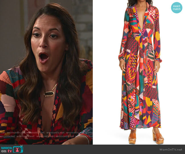 Farm Rio Abstract Patches Dress worn by Amy (Angelique Cabral) on Maggie