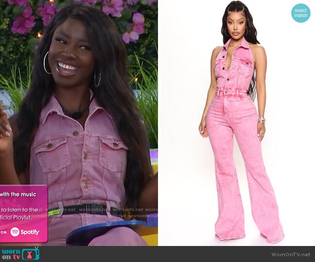 Fashion Nova Let's Go Party Denim Jumpsuit worn by Sereniti Springs on Love Island USA