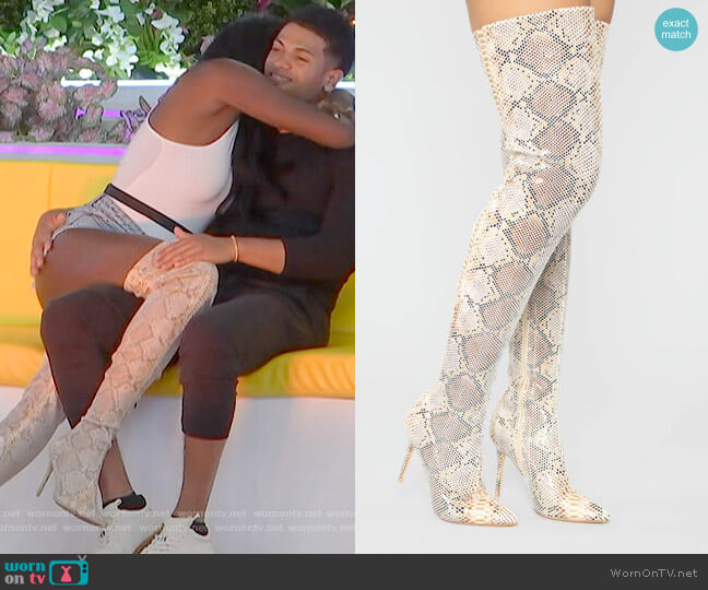 Fashion Nova High Voltage Heeled Boots worn by Zeta Morrison on Love Island USA