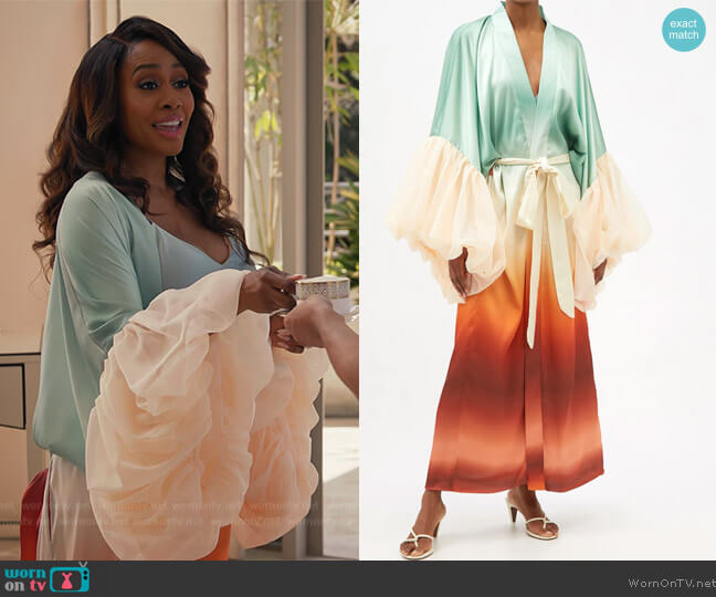 Fe Noel Ruffled sleeve ombré-stripe satin robe worn by Lola Carmichael (Simone Missick) on All Rise