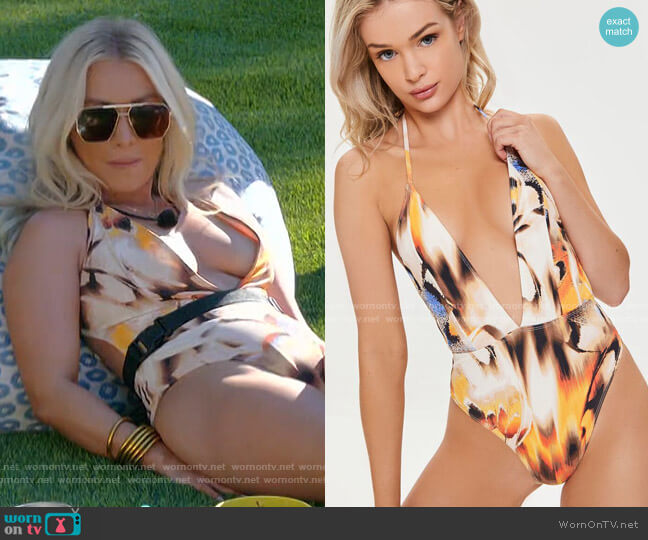 Forever 21 Abstract Halter One-Piece Swimsuit worn by Mady McLanahan on Love Island USA