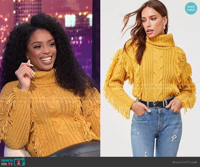 Forever 21 Fringe Turtleneck Sweater worn by Francesca Amiker on E! News