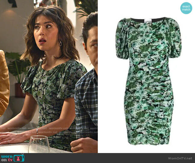 Ganni Floral Mesh Ruched Mini Dress worn by Louise (Nichole Sakura) on Maggie