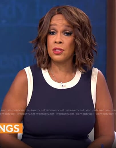 Gayle King’s navy dress with white trim on CBS Mornings