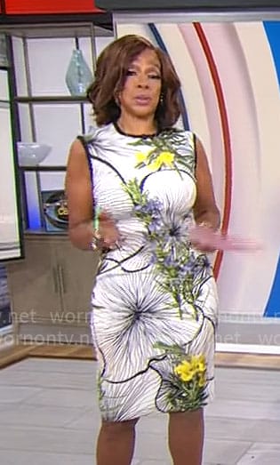 Gayle’s white floral sleeveless dress on CBS Mornings
