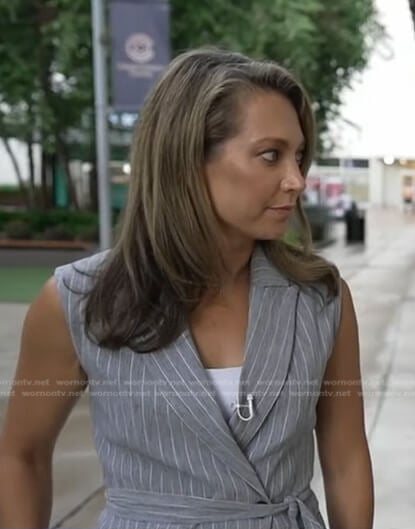 Ginger’s grey pinstripe tie waist vest on Good Morning America