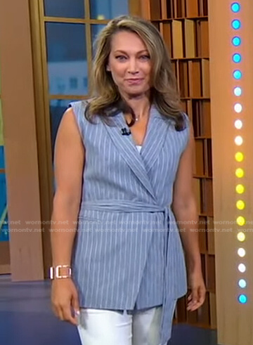 Ginger’s grey pinstripe tie waist vest on Good Morning America