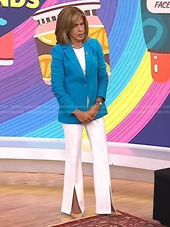 Hoda’s blue blazer and white slit pants on Today