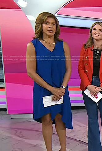 Hoda’s blue ruffle front sleeveless dress on Today