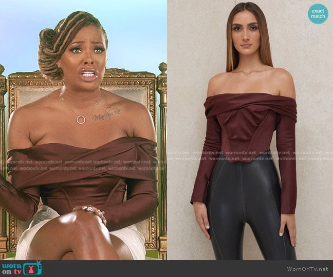 House of CB Morgan Raisin Satin Off Shoulder Draped Corset worn by Eva Marcille Sterling on The Real Housewives Ultimate Girls Trip