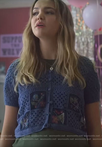 Imogen’s blue crochet cardigan on Pretty Little Liars Original Sin