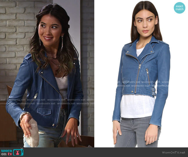 IRO Ashville Jacket in Dirty Blue worn by Louise (Nichole Sakura) on Maggie