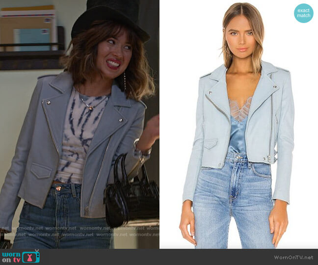 IRO Ashville Jacket in Summer Blue worn by Louise (Nichole Sakura) on Maggie