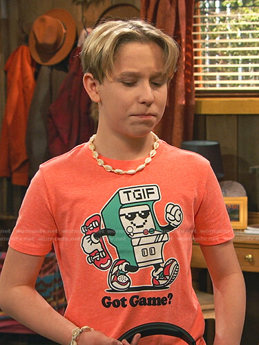 Jake’s orange TGIF Got Game print tee on Bunkd