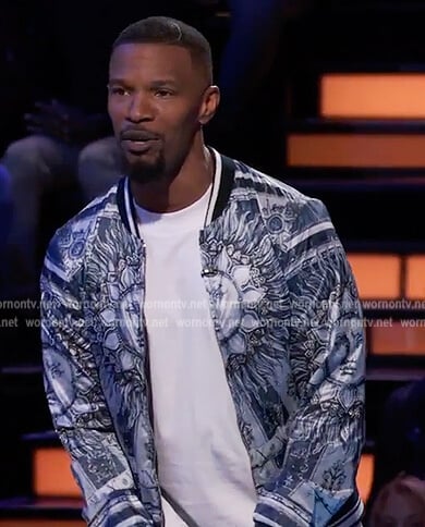 Jamie’s blue printed bomber jacket on Beat Shazam