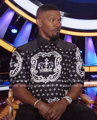Jamie’s black printed shirt on Beat Shazam