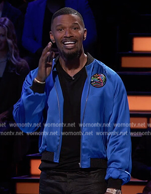 Jamie’s blue patch embroidered bomber jacket on Beat Shazam