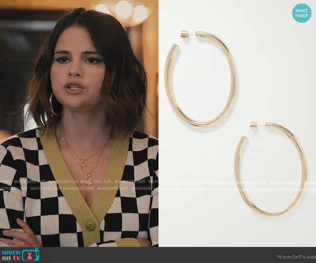 Jennifer Fisher Law gold-plated hoop earrings worn by Mabel Mora (Selena Gomez) on Only Murders in the Building