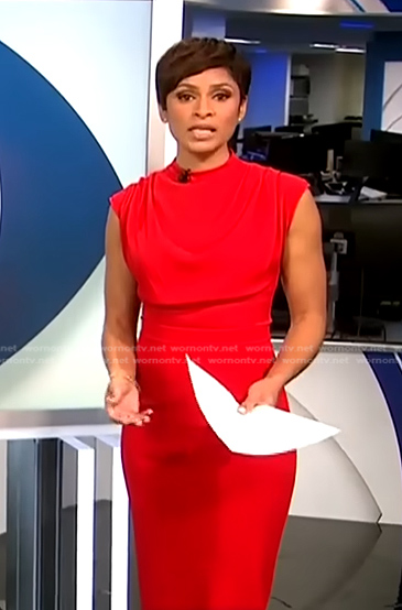 Jericka’s red sheath dress on CBS Evening News