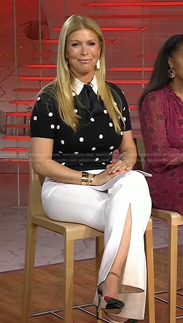 Jill’s black polka dot top and white slit pants on Today