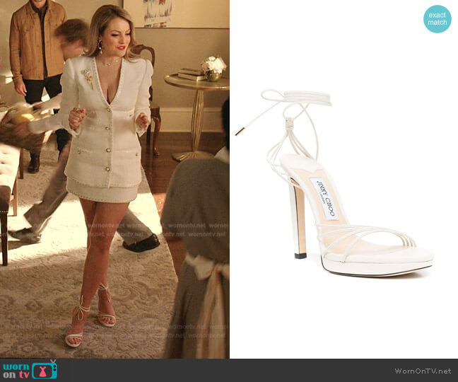 Jimmy Choo Anita Sandals worn by Fallon Carrington (Elizabeth Gillies) on Dynasty