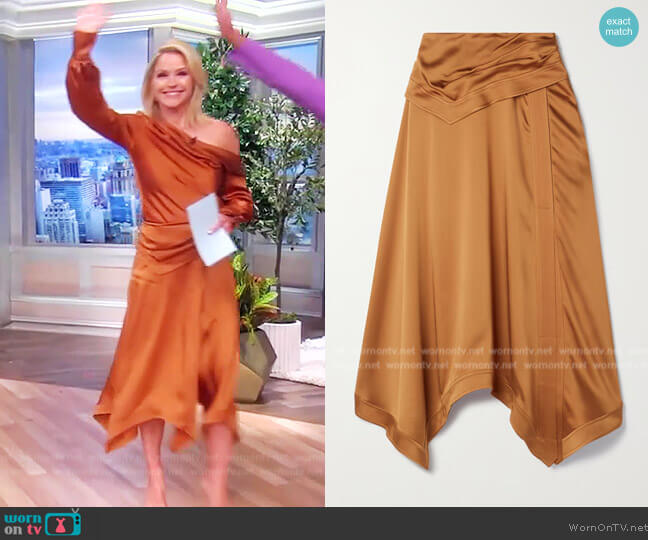Jonathan Simkhai Layered draped satin midi skirt worn by Sara Haines on The View