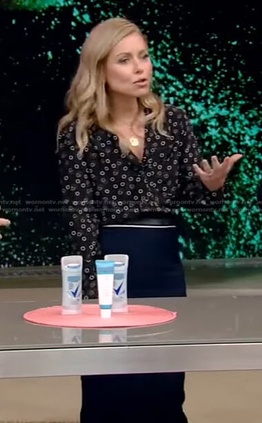 Kelly’s black spotted blouse and pencil skirt on Live with Kelly and Ryan