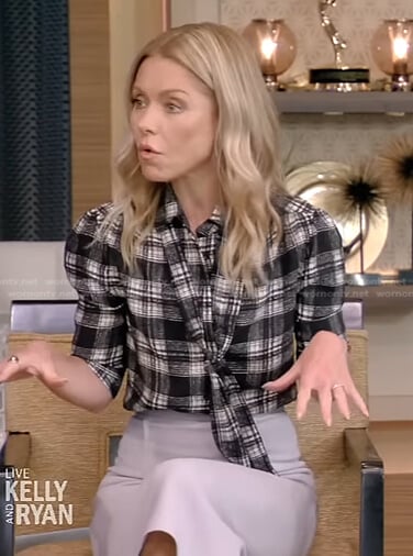 Kelly’s black plaid blouse and grey pencil skirt on Live with Kelly and Ryan