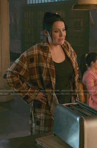 Kelly’s brown plaid mushroom robe on Good Trouble
